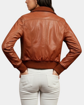 Women Leather Classic Bomber Jacket Motto Dynamo Tan